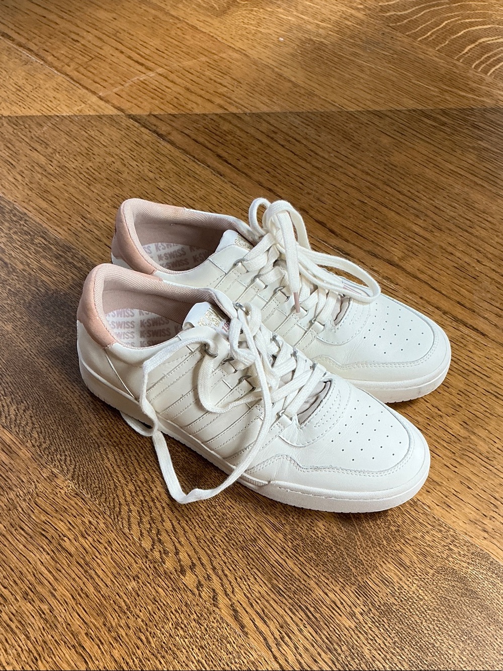 K-Swiss: Women's White, Cream, and Light Pink Low-Top Lace-Up Sneakers